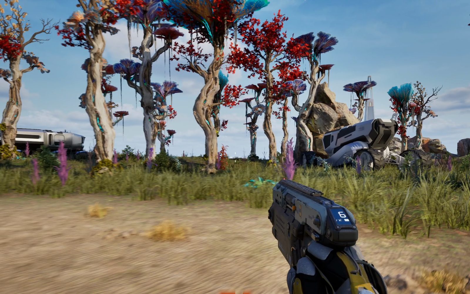First-person view of a forest of pale twisted trees with red and teal canopies in HEX